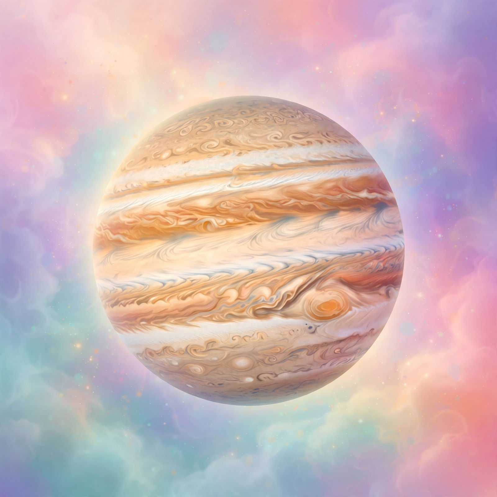 Jupiter planet profile picture with swirling cream and orange cloud bands against a pastel space background.