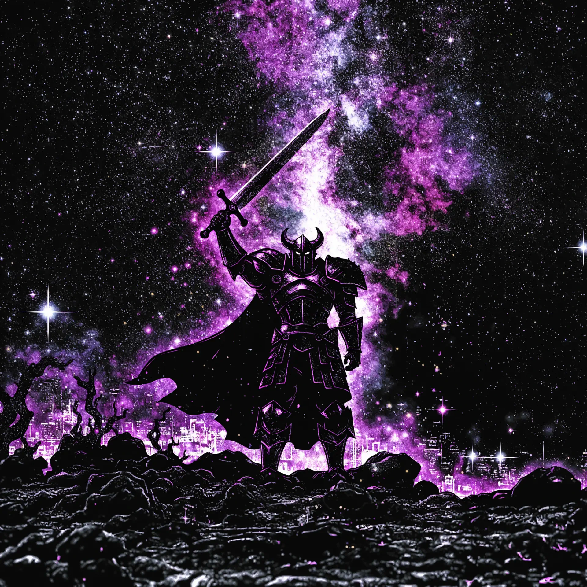 Armored warrior raising a sword beneath a glowing purple galaxy, dramatic fantasy forum avatar.