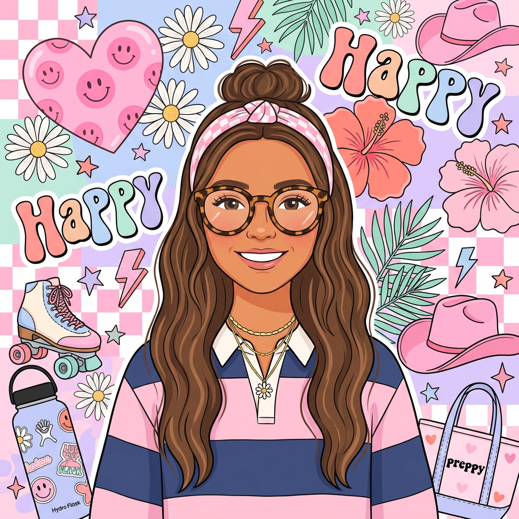 Preppy fashion portrait avatar of a smiling woman with glasses, a headband, and a striped sweater, surrounded by colorful flowers and playful stickers.