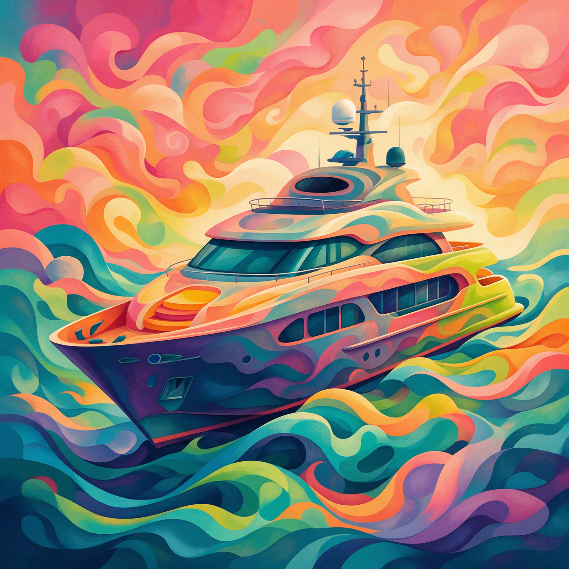 Colorful yacht cruising ocean waves in vibrant abstract art, a striking boat profile photo for a forum avatar.