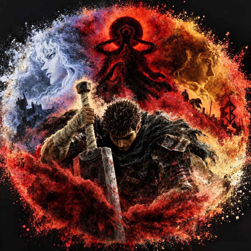 Berserk warrior Guts grips his sword amid swirling demon imagery in this dramatic profile avatar.