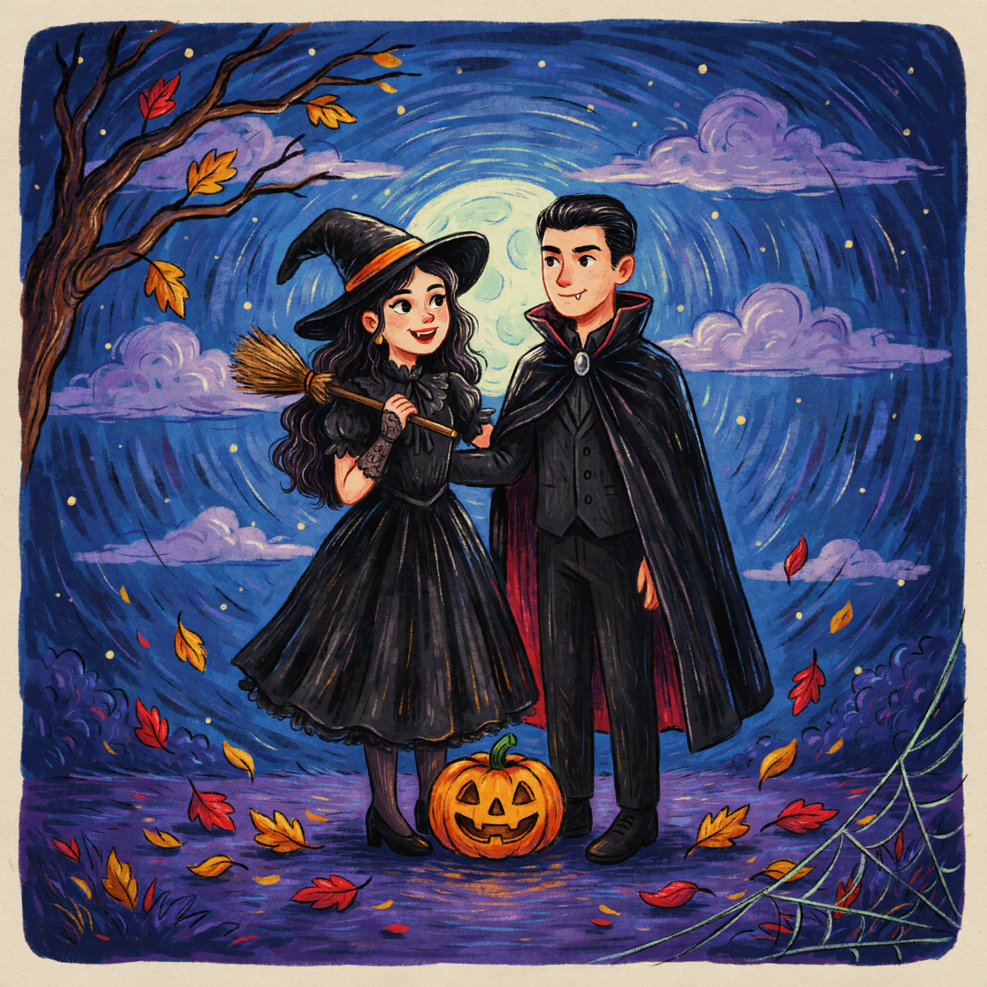 Illustrated Halloween couple profile picture featuring a witch and vampire beneath a starry autumn sky with a glowing jack-o'-lantern.