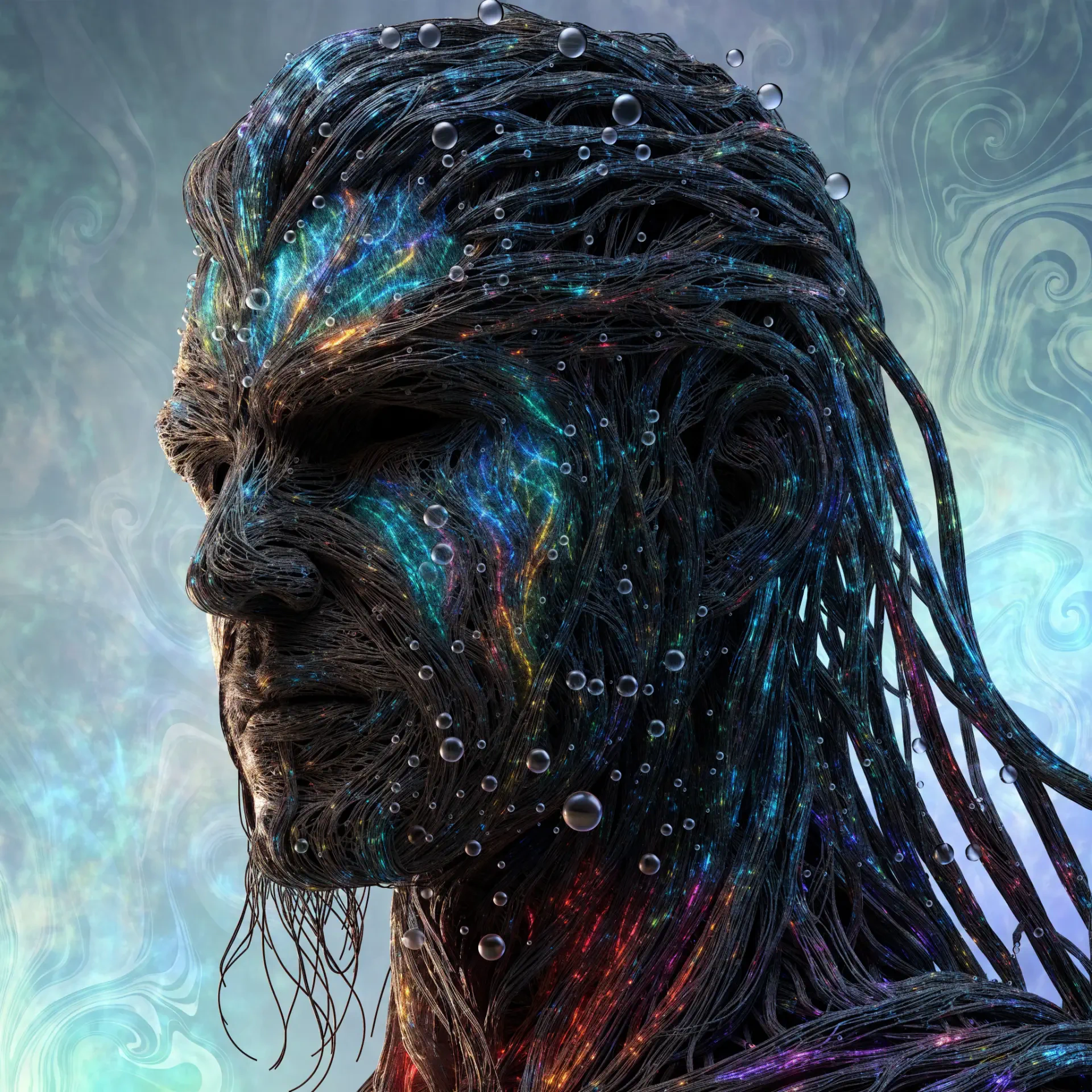 Ethereal side-profile face portrait with flowing dark, iridescent hair, featured as a distinctive forum avatar or profile photo.