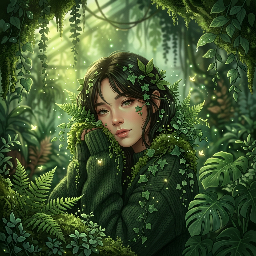 Green aesthetic profile photo of a woman with leaf ornaments surrounded by lush forest foliage and nature.