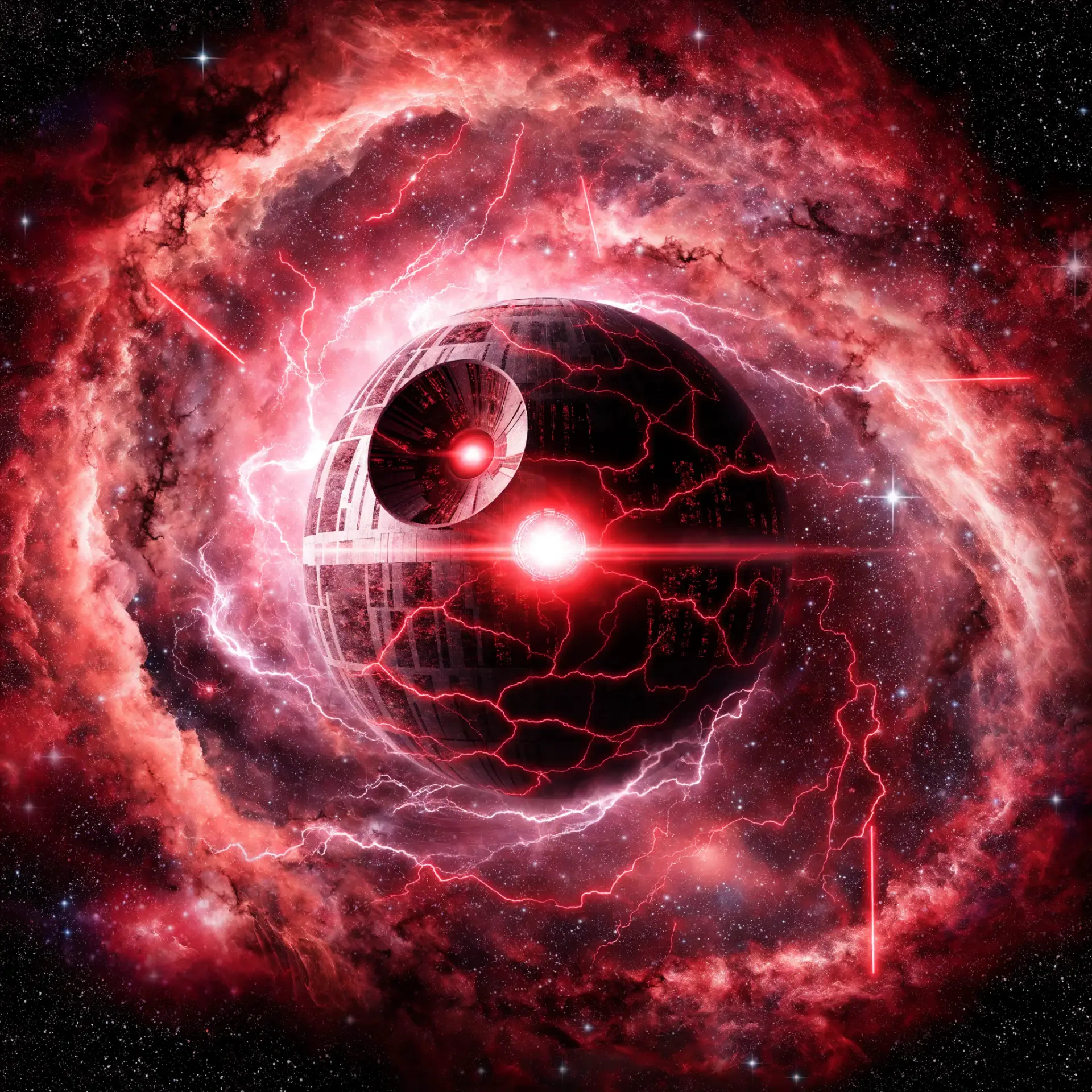 Star Wars-inspired space avatar featuring a dark planet with glowing red cracks, surrounded by a vivid nebula and cosmic energy.
