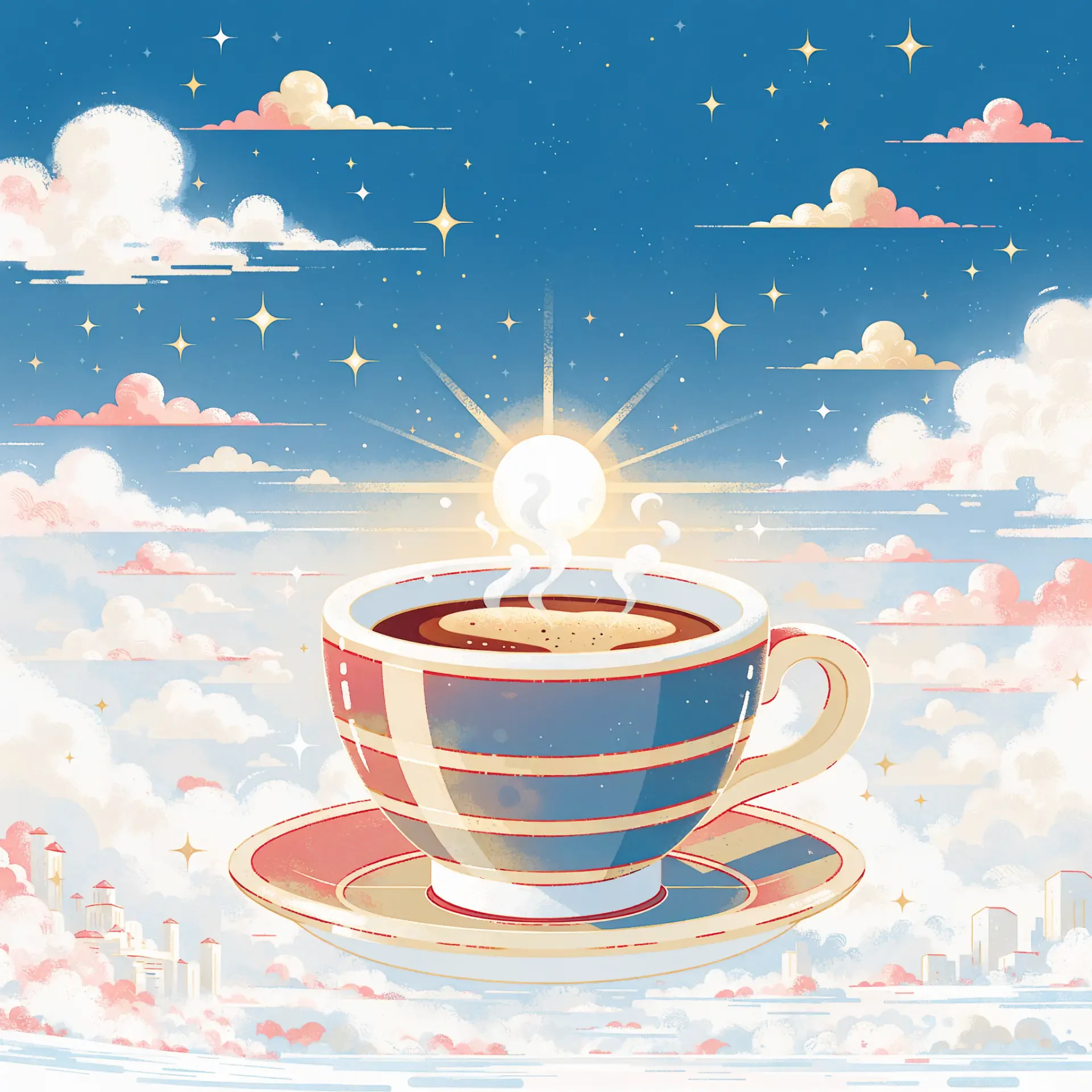 Illustrated espresso coffee cup against a dreamy pastel sky, featured as a forum profile avatar.