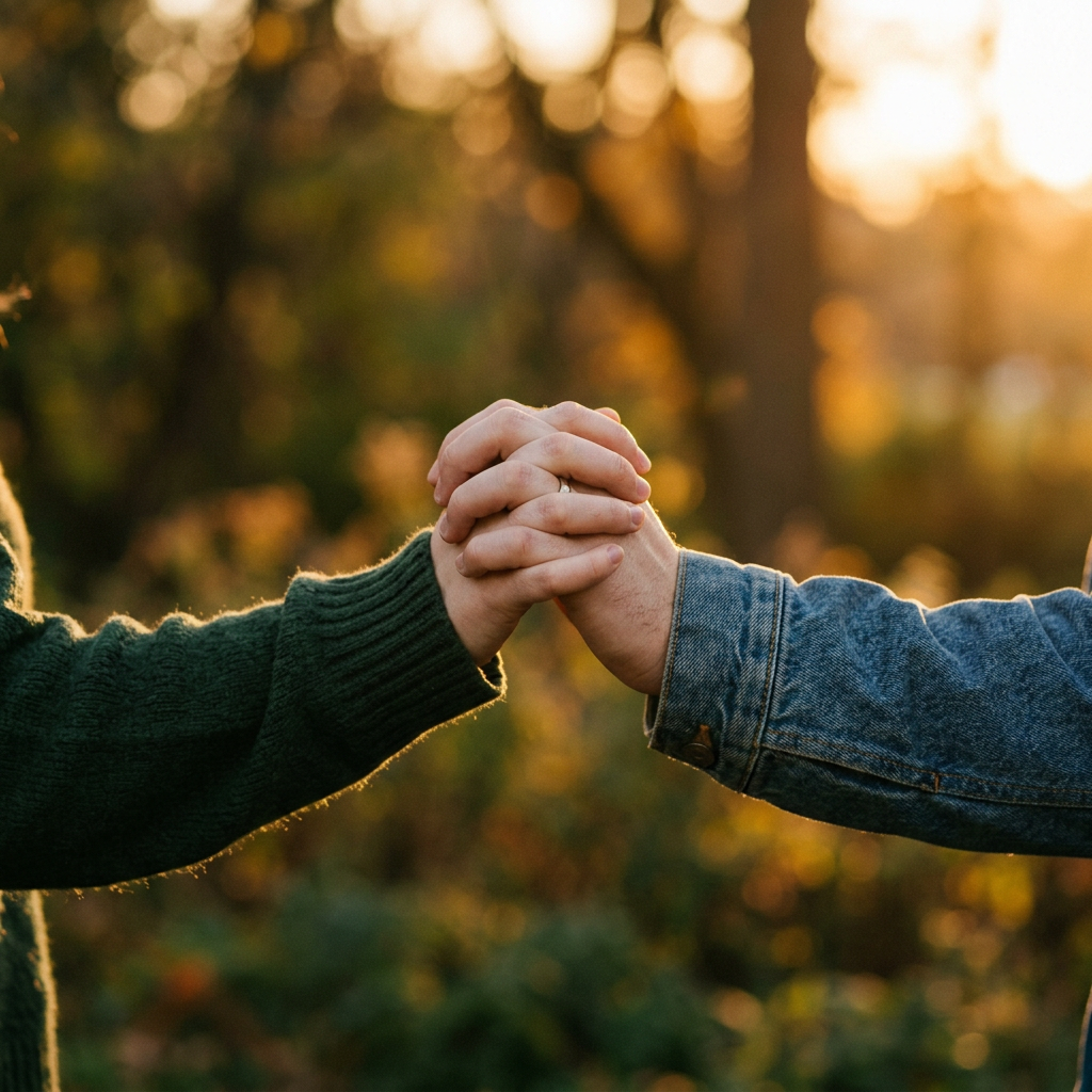 Couple holding hands in warm autumn light, a loving forum profile photo.