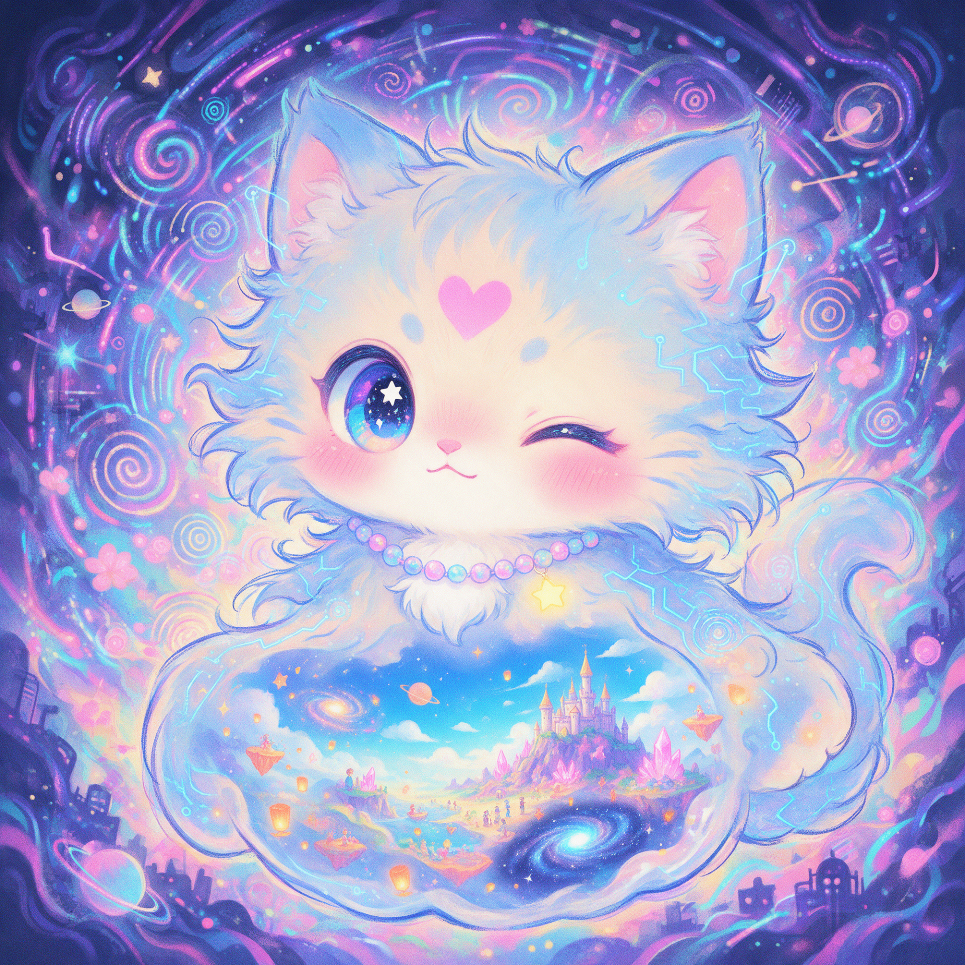 Cute aesthetic kitten avatar with a winking face, heart mark, and dreamy galaxy colors