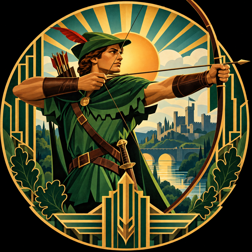 Robin Hood archer avatar aiming a bow and arrow against a golden Art Deco cityscape