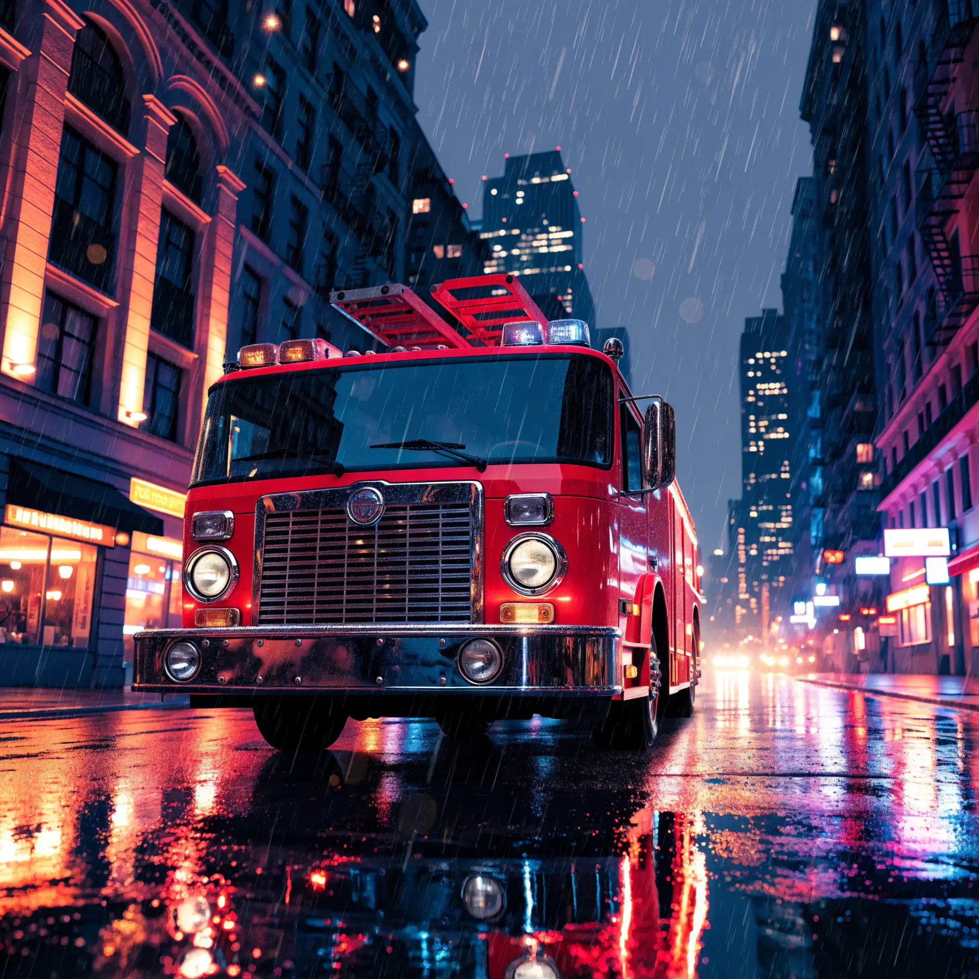 Red fire engine on a rain-soaked city street at night, reflected in wet pavement; dramatic fire truck profile avatar.