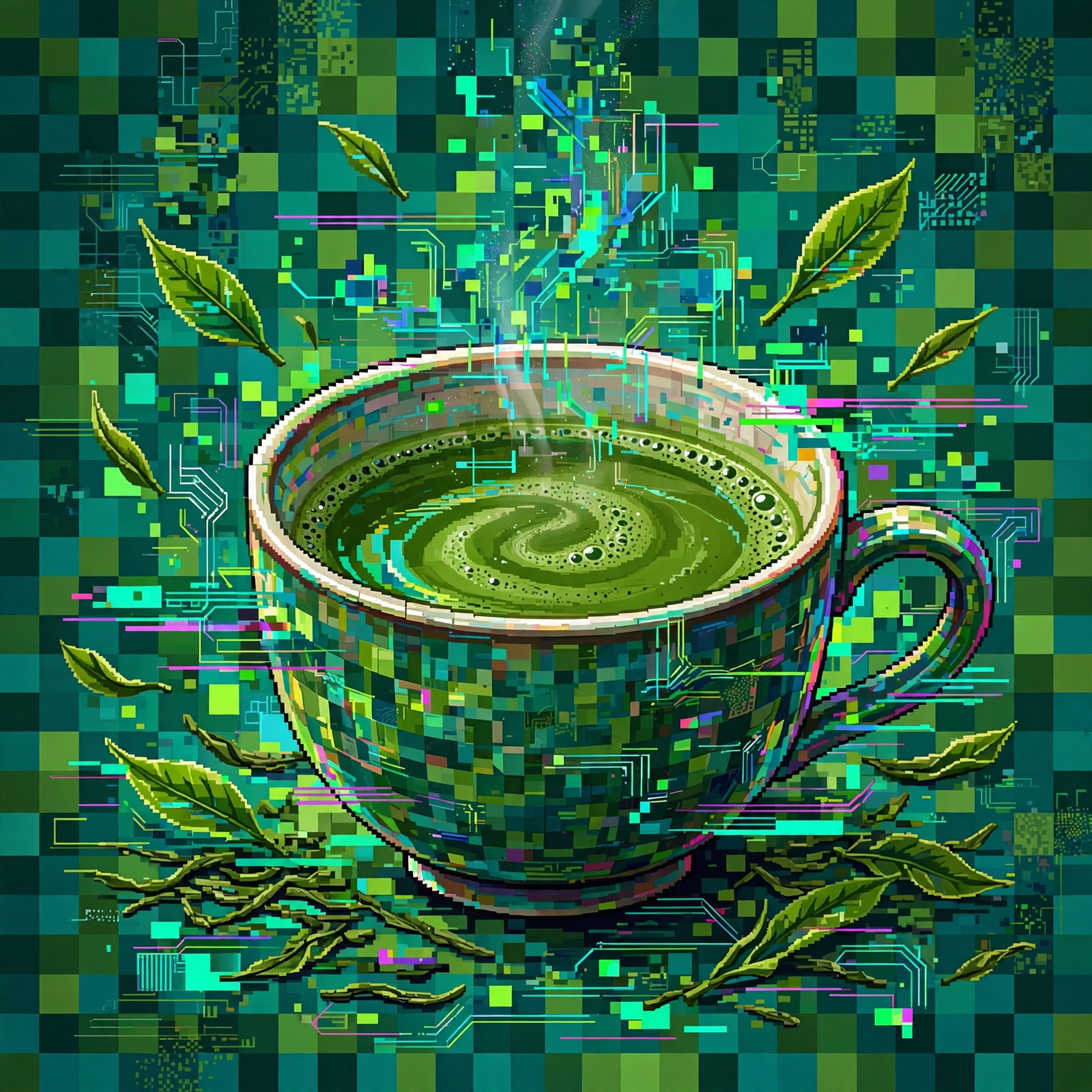 Pixel art matcha green tea in a teacup, framed by glowing digital foliage—vibrant forum avatar profile picture.