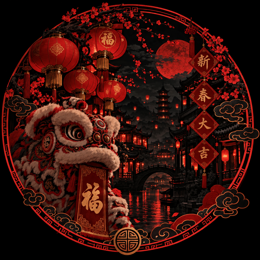 Chinese New Year profile avatar featuring a vibrant lion dance, glowing red lanterns, and traditional Chinese culture.