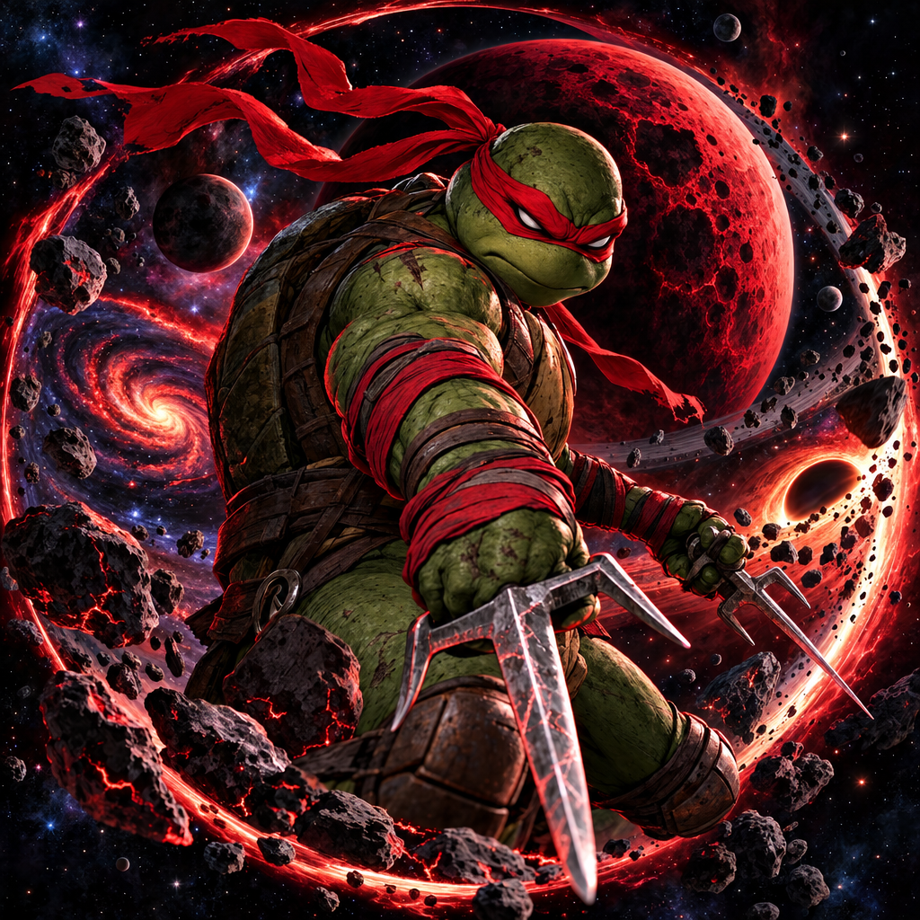 Raphael from Teenage Mutant Ninja Turtles wielding sai against a dramatic red cosmic backdrop, featured in a bold forum profile avatar.