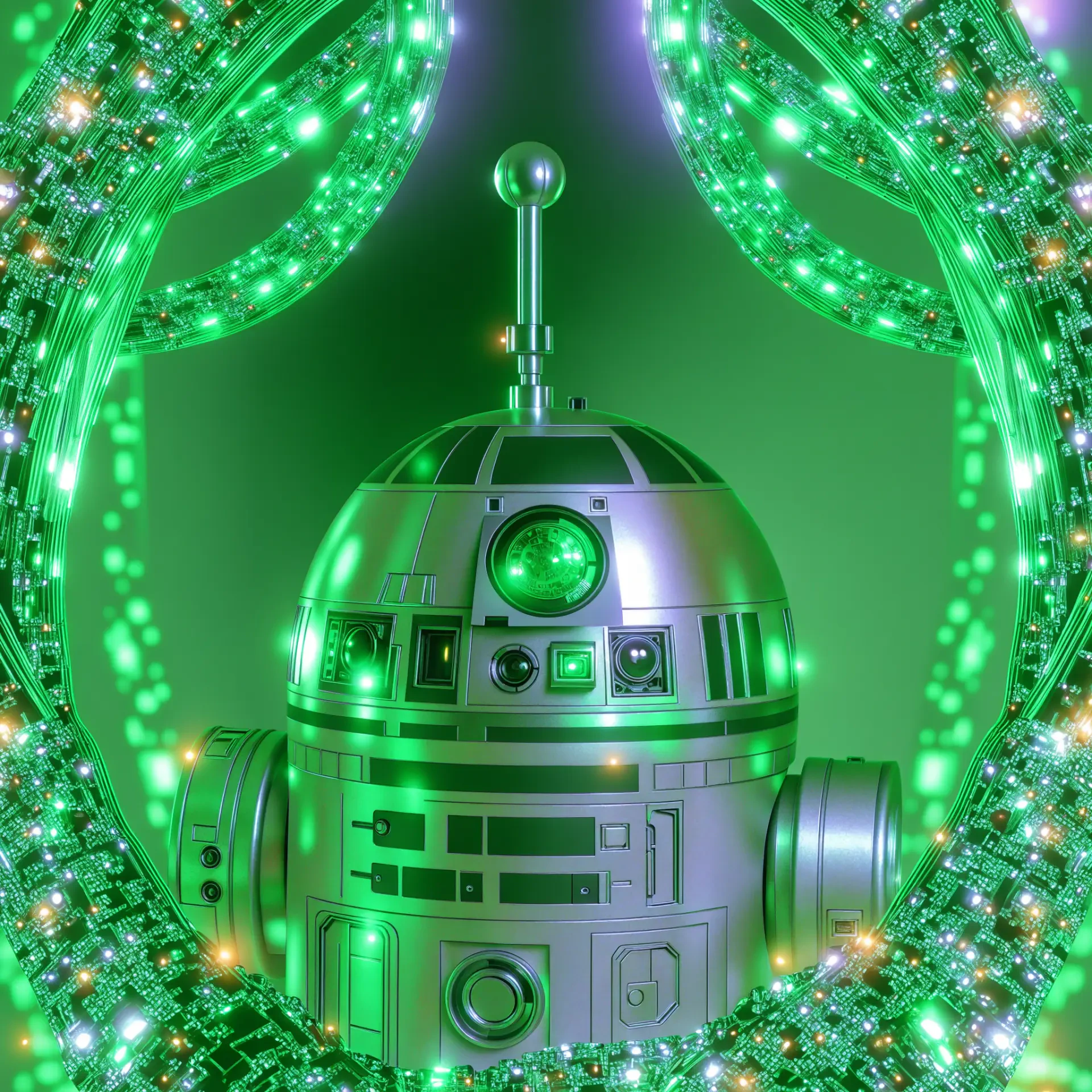 Green-glowing R2-D2 from Star Wars framed by sparkling emerald foliage in a circular forum profile avatar.