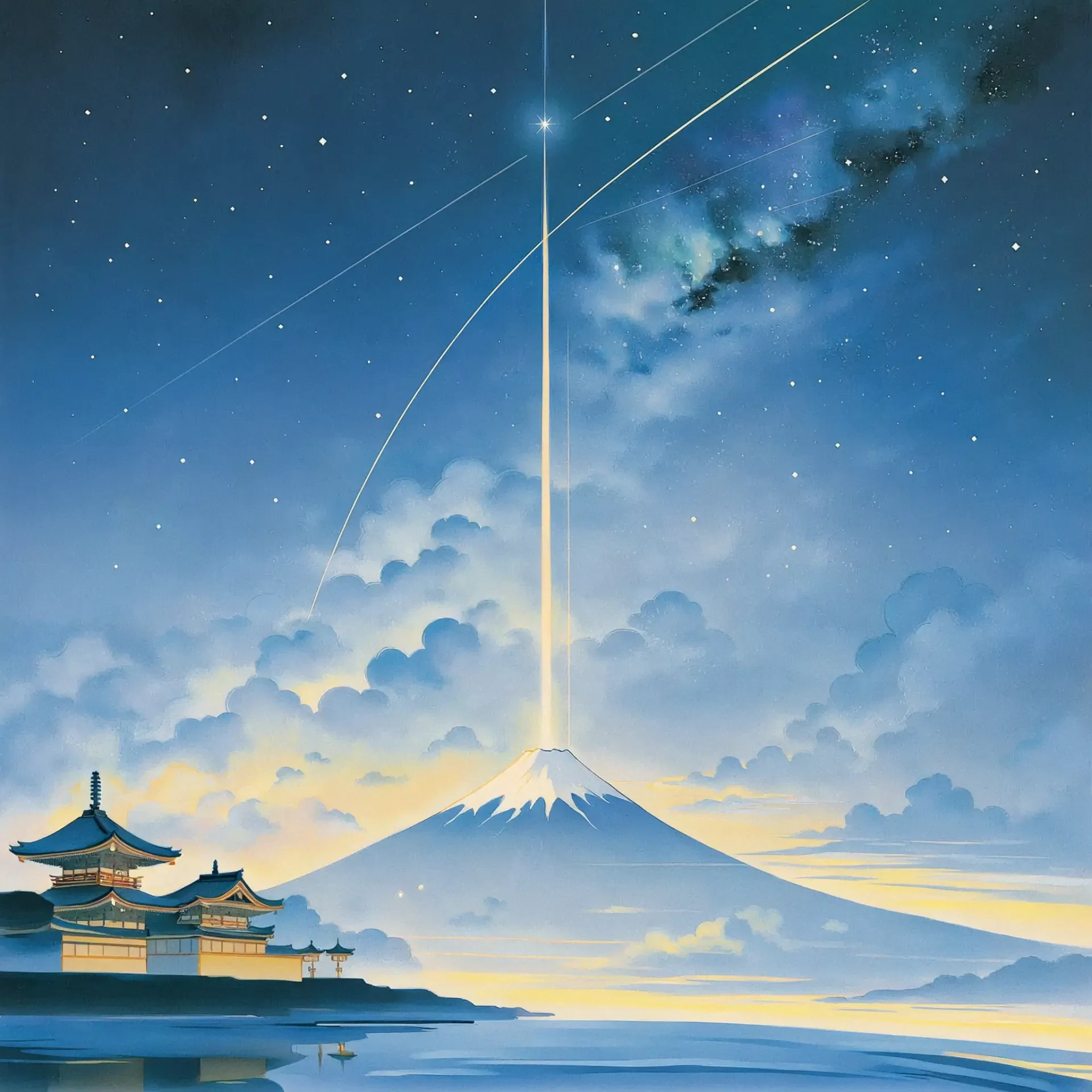 Illustrated Japan profile avatar of Mount Fuji and a pagoda beneath a starry night sky.
