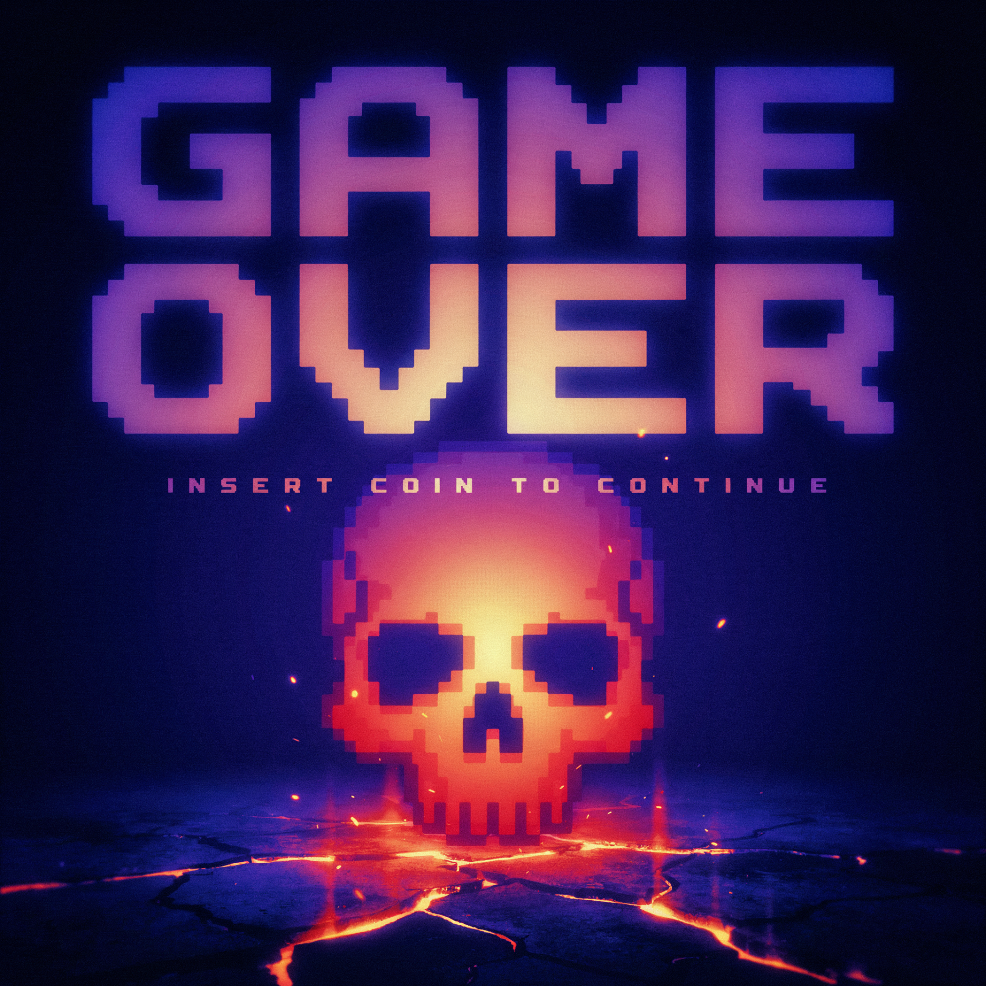 Pixel art game over skull glowing above a lava crack, with “Insert Coin to Continue” text, designed as a video game forum avatar.