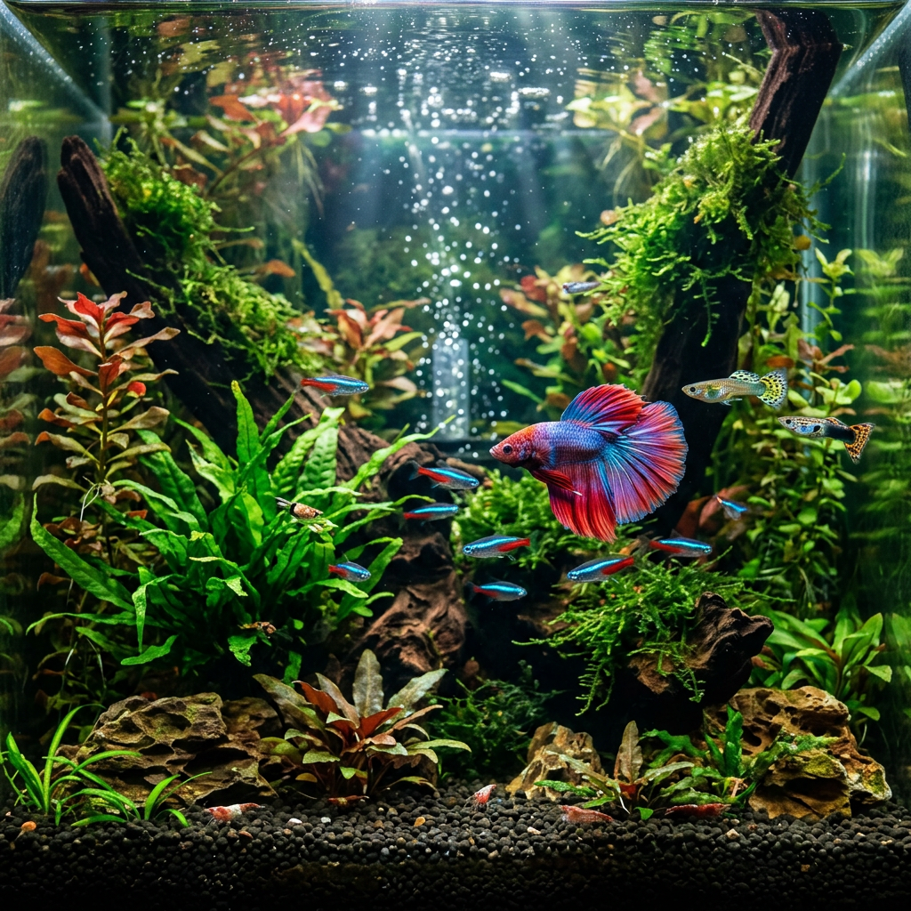 Betta fish swimming among tropical fish in a lush planted aquarium, a vibrant fish tank profile avatar.