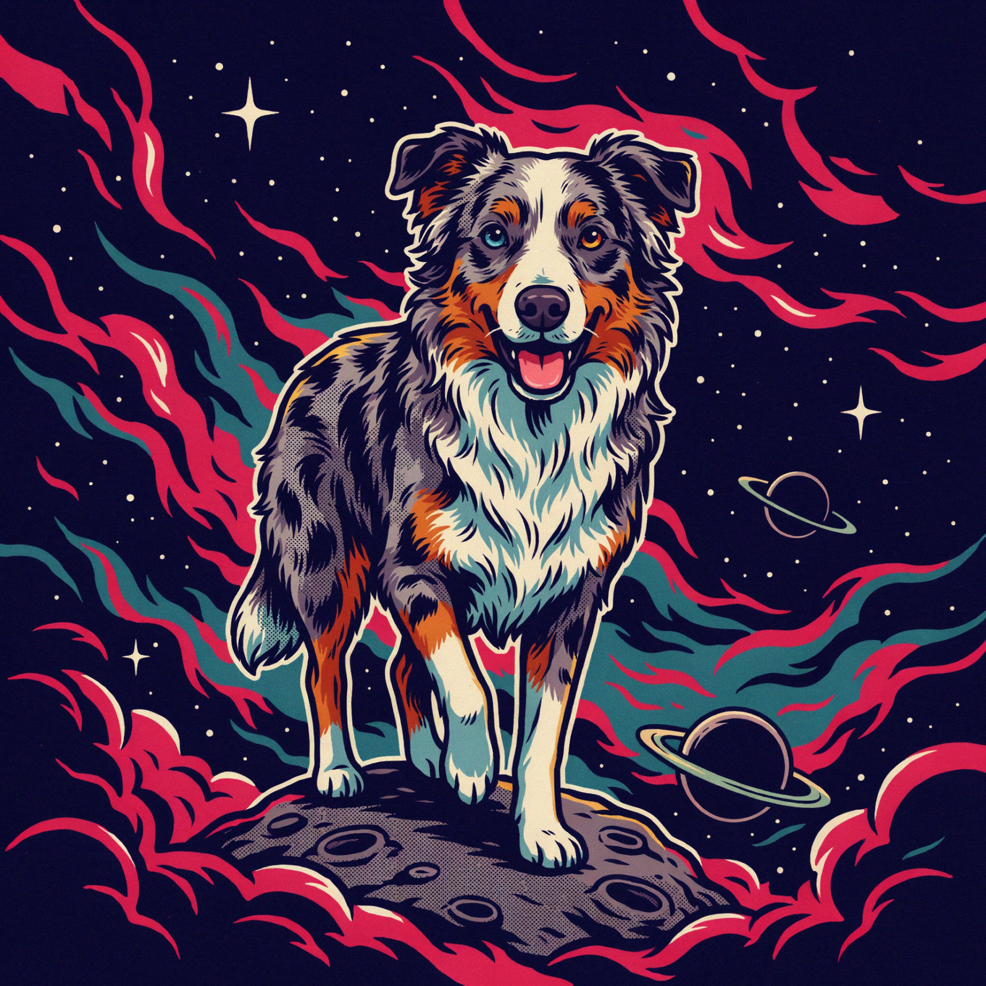 Colorful Australian Shepherd avatar standing on an asteroid in a starry space scene.