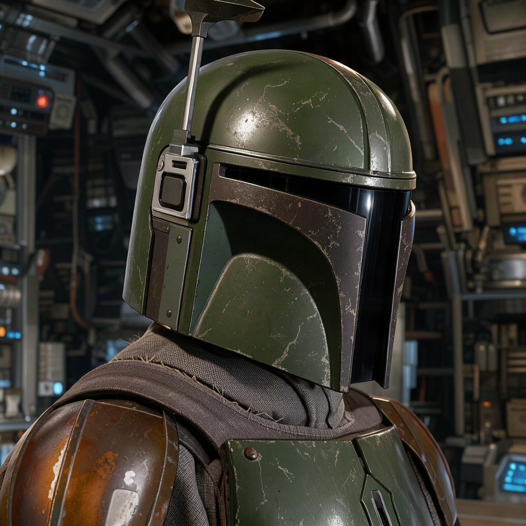 Boba Fett wearing his battle-worn green helmet aboard a spacecraft, depicted in this Star Wars profile avatar.
