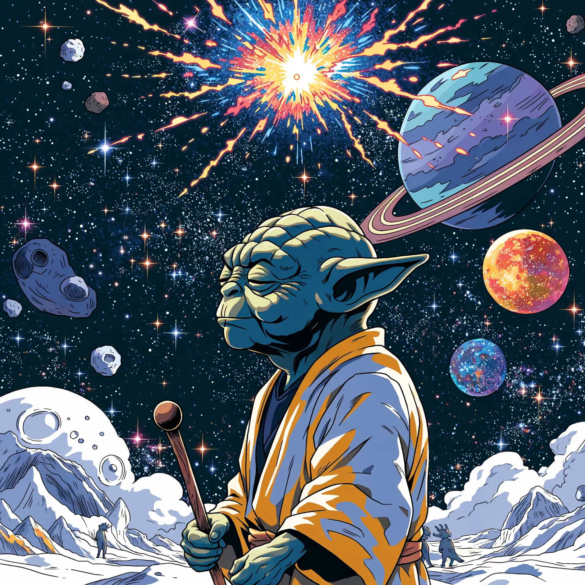 Yoda avatar in a snowy alien landscape, surrounded by colorful planets, stars, and a cosmic explosion in space.