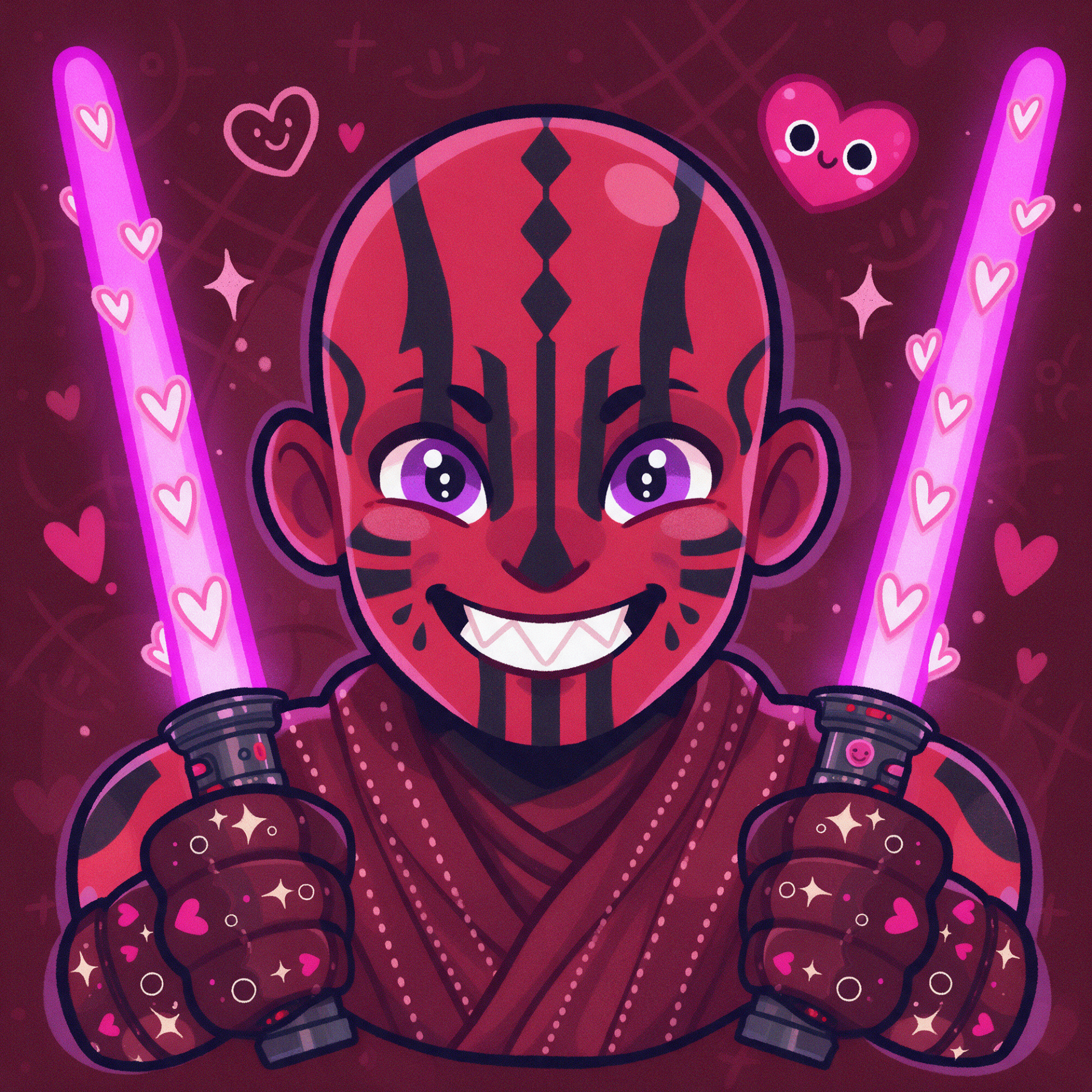 Cartoon Darth Maul forum avatar with clown-inspired face paint, heart-shaped eyes, and glowing pink lightsabers.