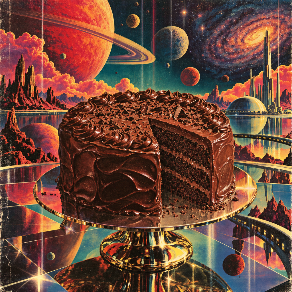 Chocolate cake with rich frosting on a glass stand, set against a vivid cosmic landscape; a striking dessert profile photo.