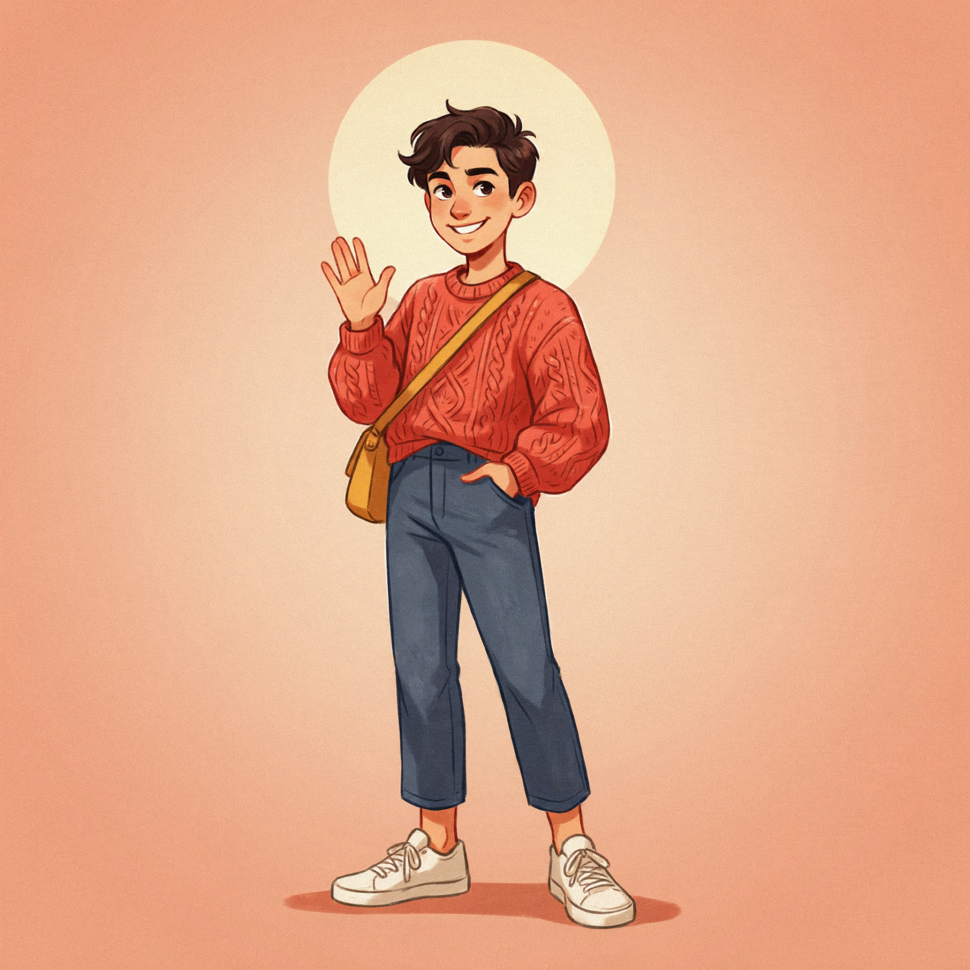 Cheerful illustrated boy in a red sweater and casual fashion outfit, waving in a warm-toned forum profile avatar.