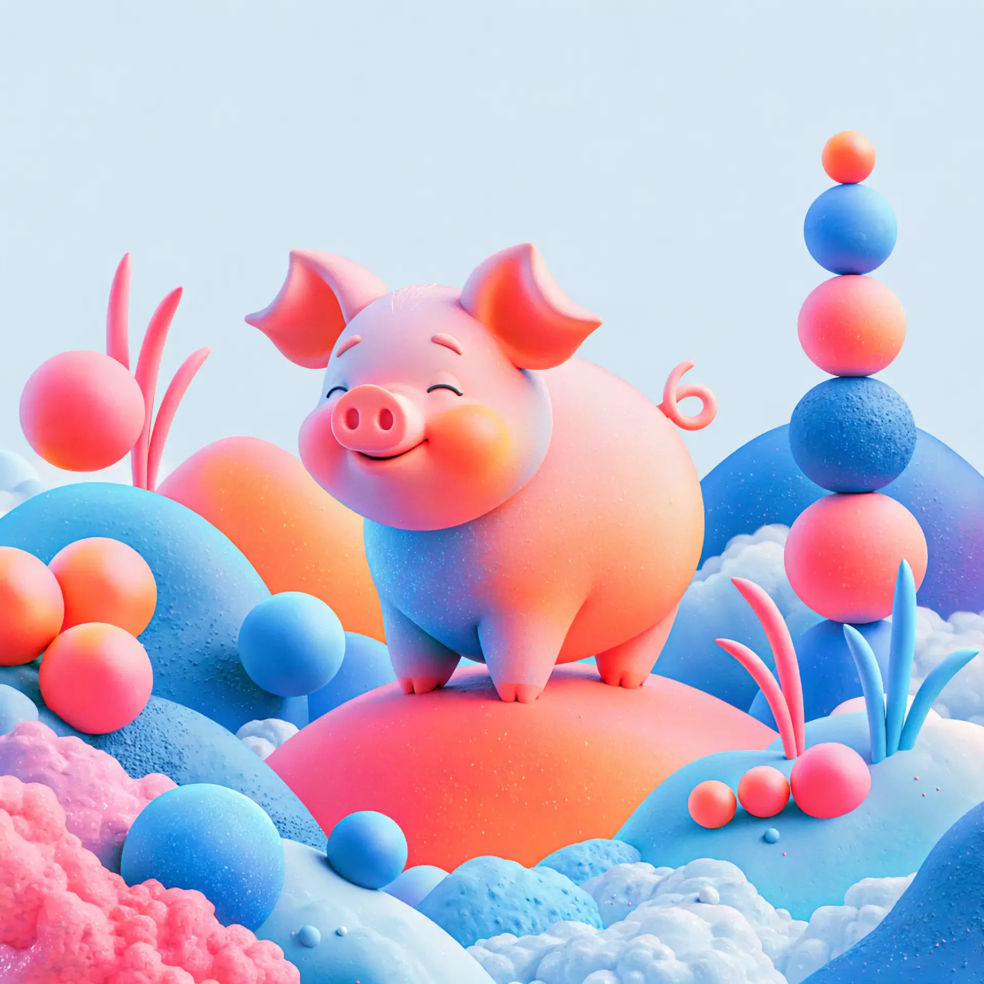Cute cartoon piglet standing among colorful bubbles and clouds, a cheerful pig avatar for a forum profile.