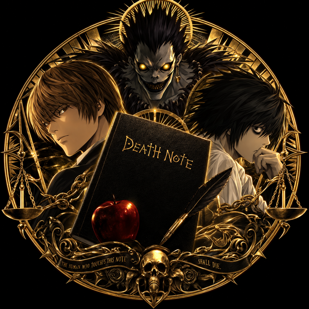 Death Note anime and manga forum avatar featuring Light Yagami with Ryuk, the Death Note, and a red apple in ornate gold artwork.