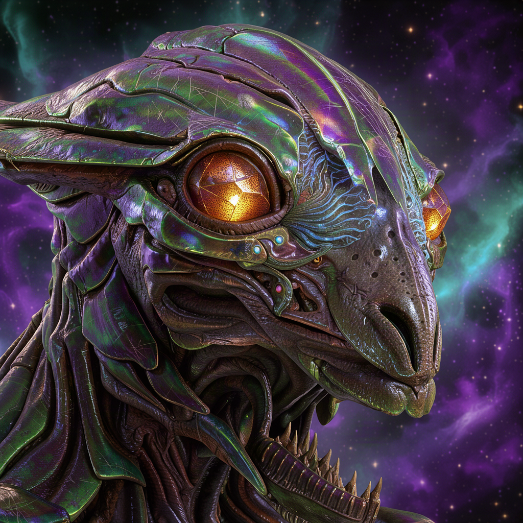 Iridescent alien creature with a glowing amber eye against a purple galaxy, a striking sci-fi monster forum avatar.