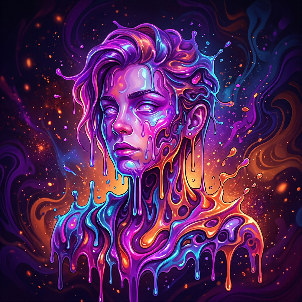 Surreal melting woman portrait in vivid neon colors, a striking profile picture with liquid textures and a cosmic background.
