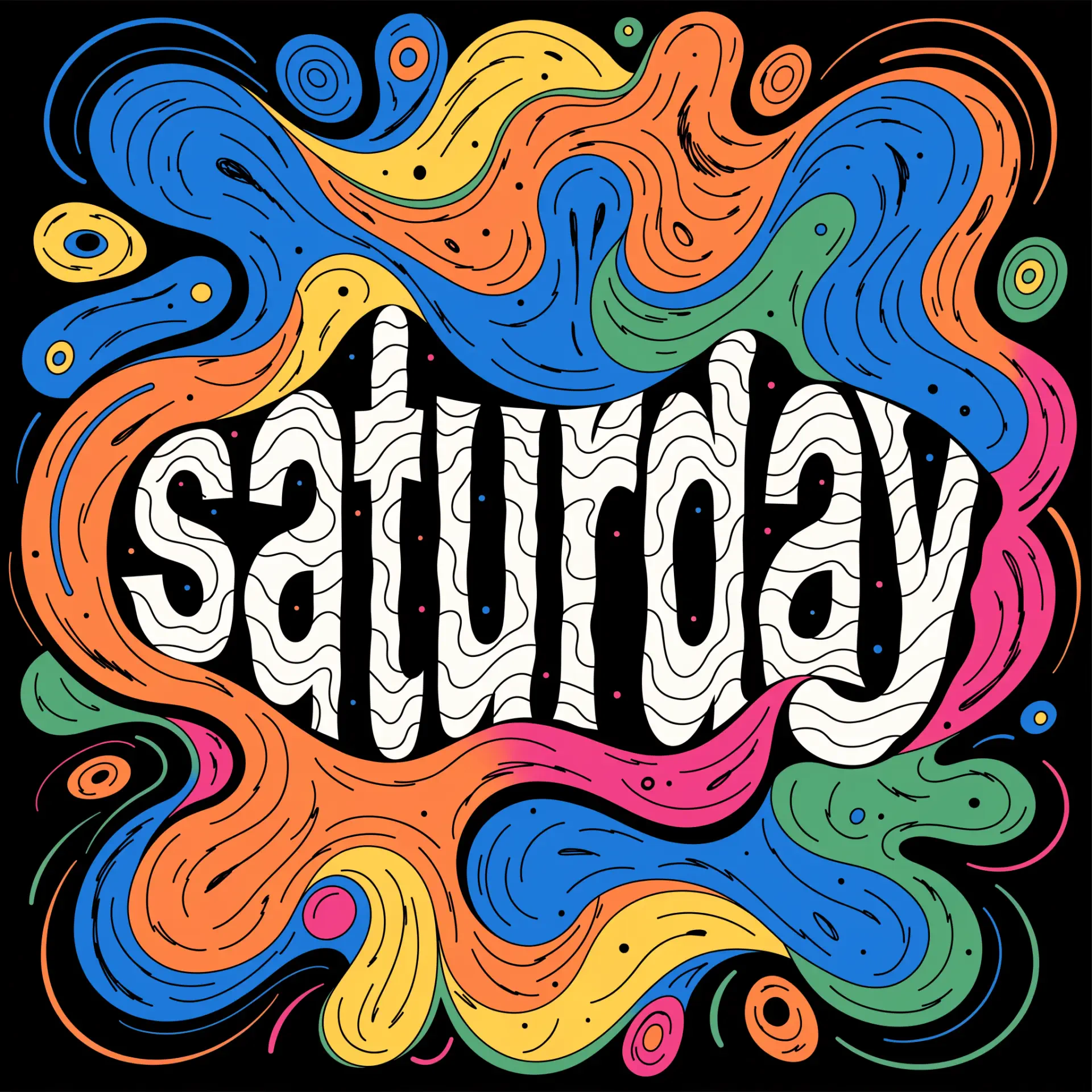 Psychedelic Saturday lettering in bold black-and-white typography with colorful swirling patterns, a vibrant forum avatar.
