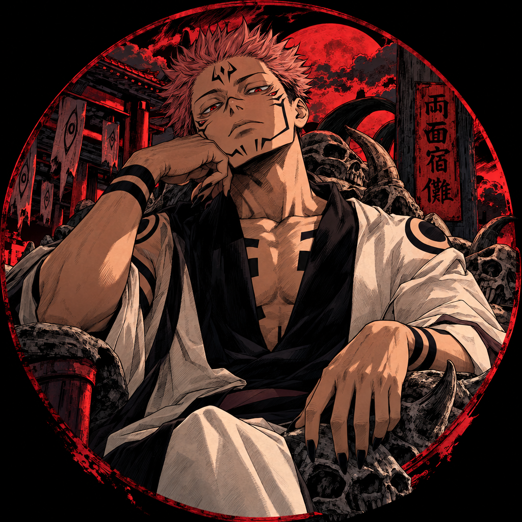 Sukuna from Jujutsu Kaisen seated beneath a red moon, anime forum avatar and profile picture.