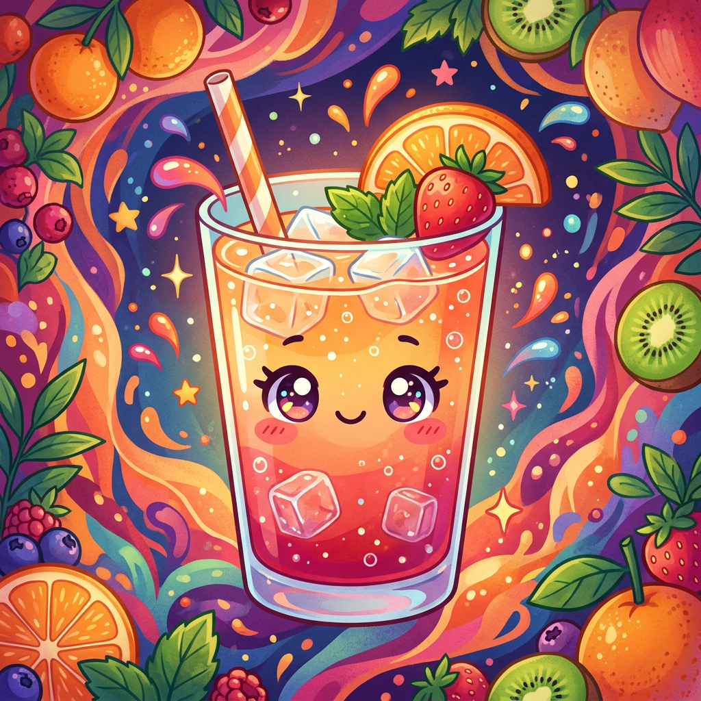 Cute smiling strawberry-orange juice drink avatar, illustrated with citrus slices, kiwi, and colorful fruit