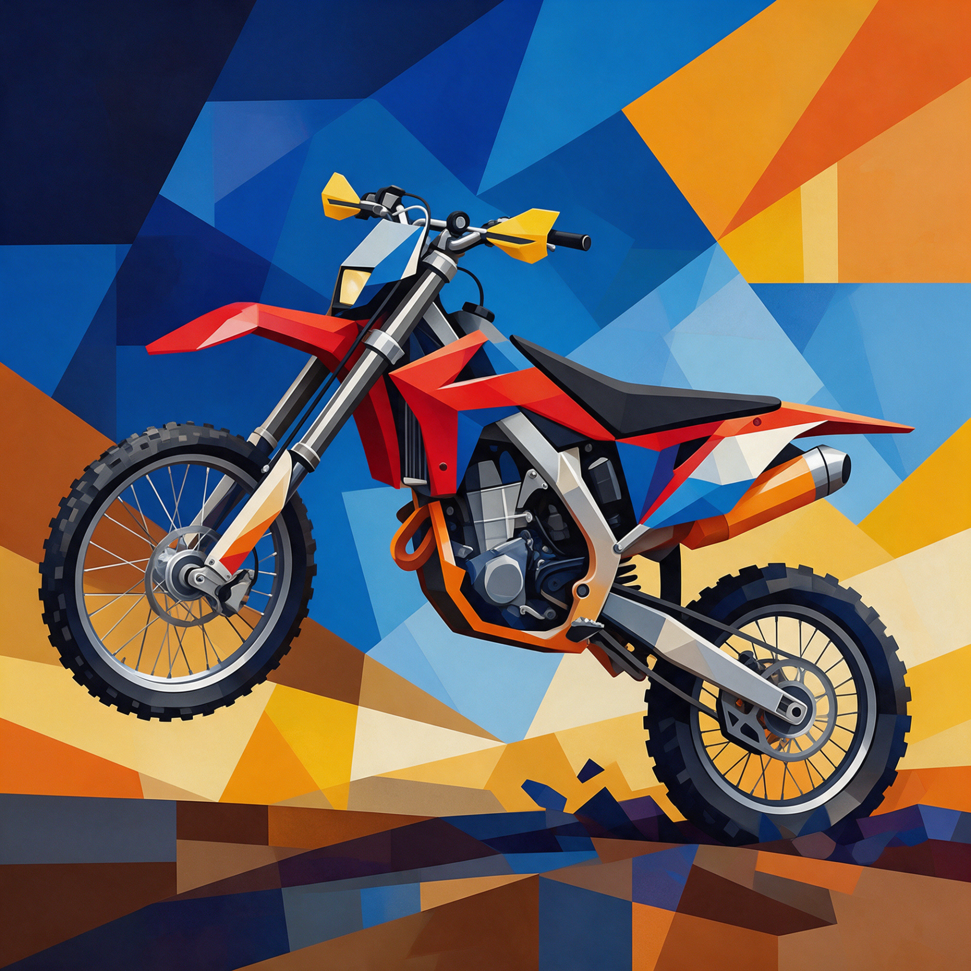 Red and blue dirt bike motocross avatar against a vibrant geometric background.