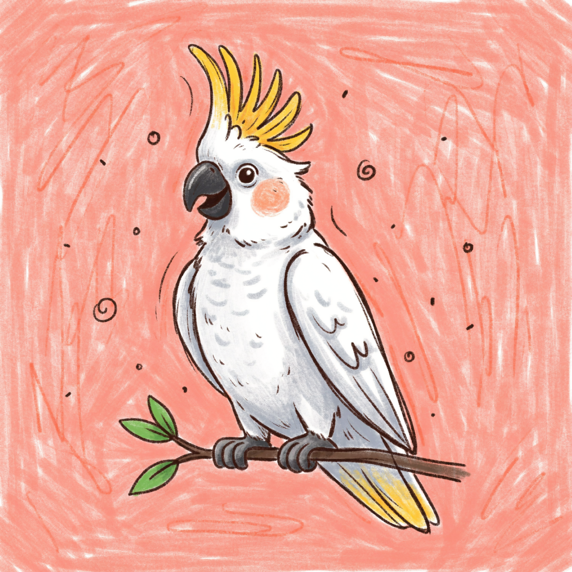 Illustrated white cockatoo parrot with a yellow crest perched on a branch, a colorful bird profile picture on a pink background.