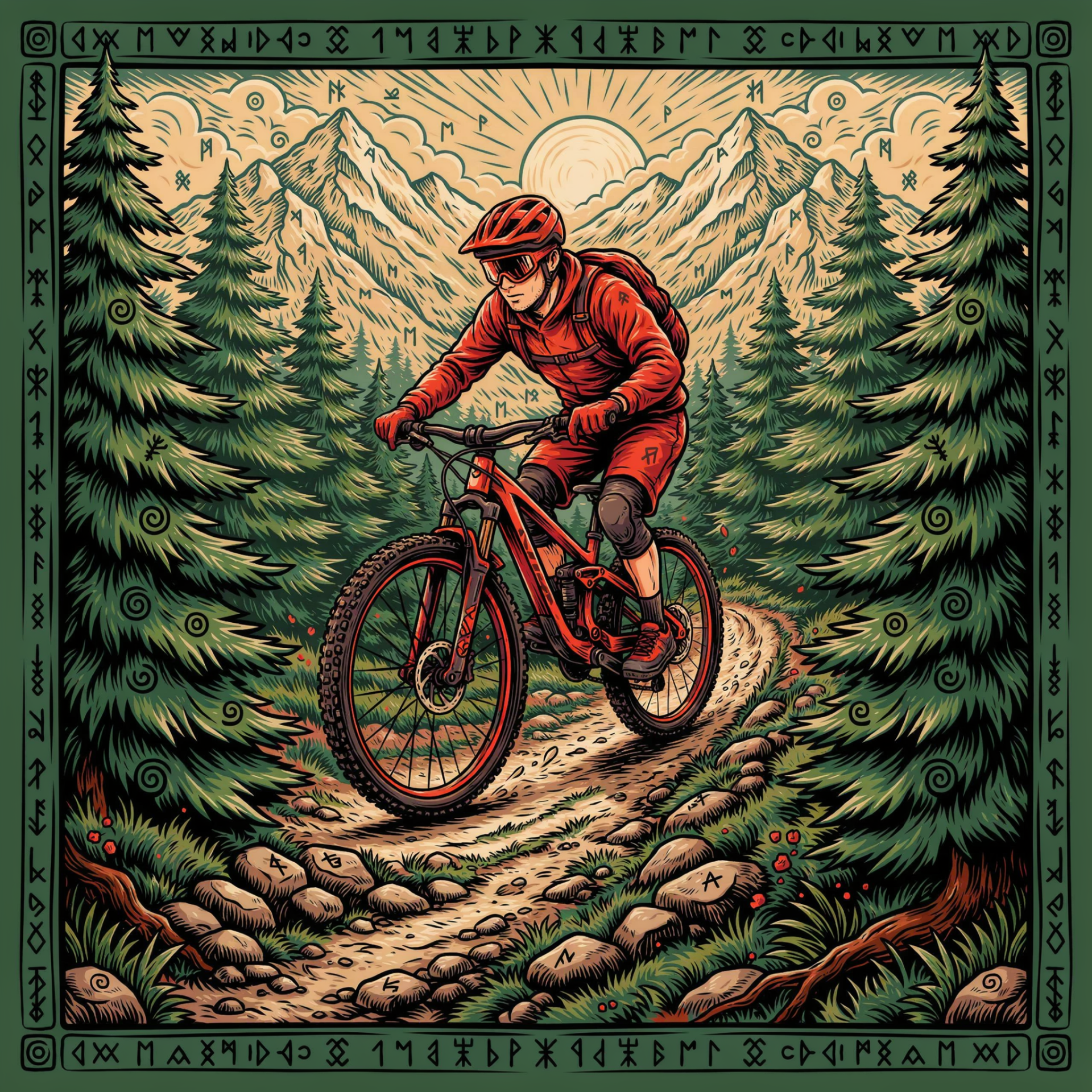 Illustrated mountain biker riding a red mountain bike through a forest trail, framed as a profile photo avatar.