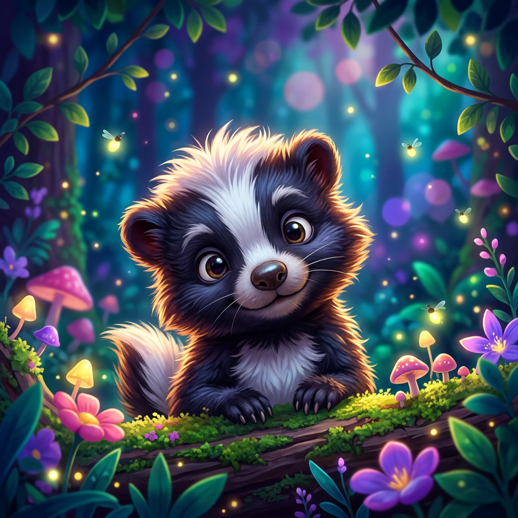 Cute cartoon skunk surrounded by glowing flowers in a magical forest, featured as a forum avatar and profile picture.