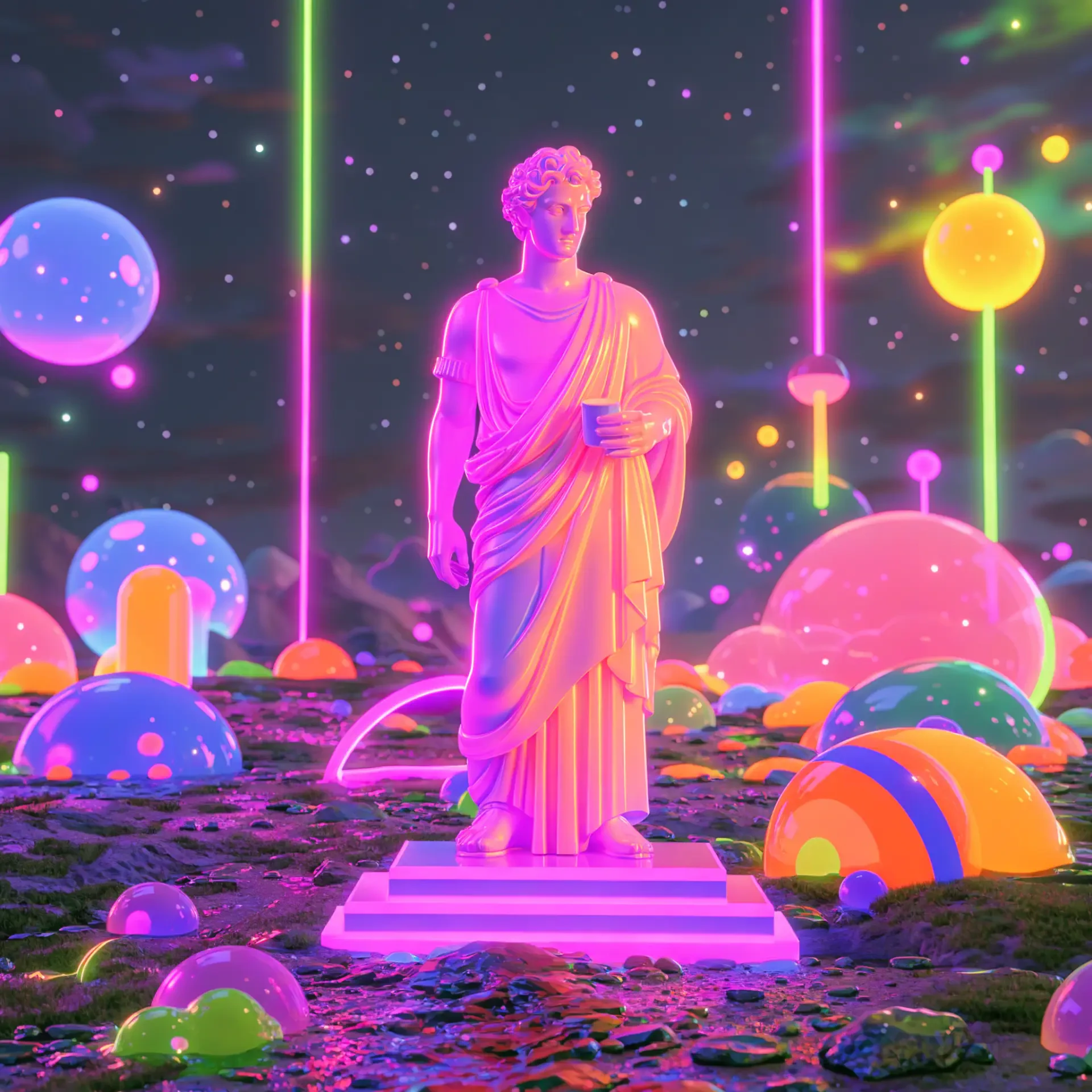 Neon Greek statue glowing among colorful planets and lights, a vibrant sculpture profile picture for a forum avatar.