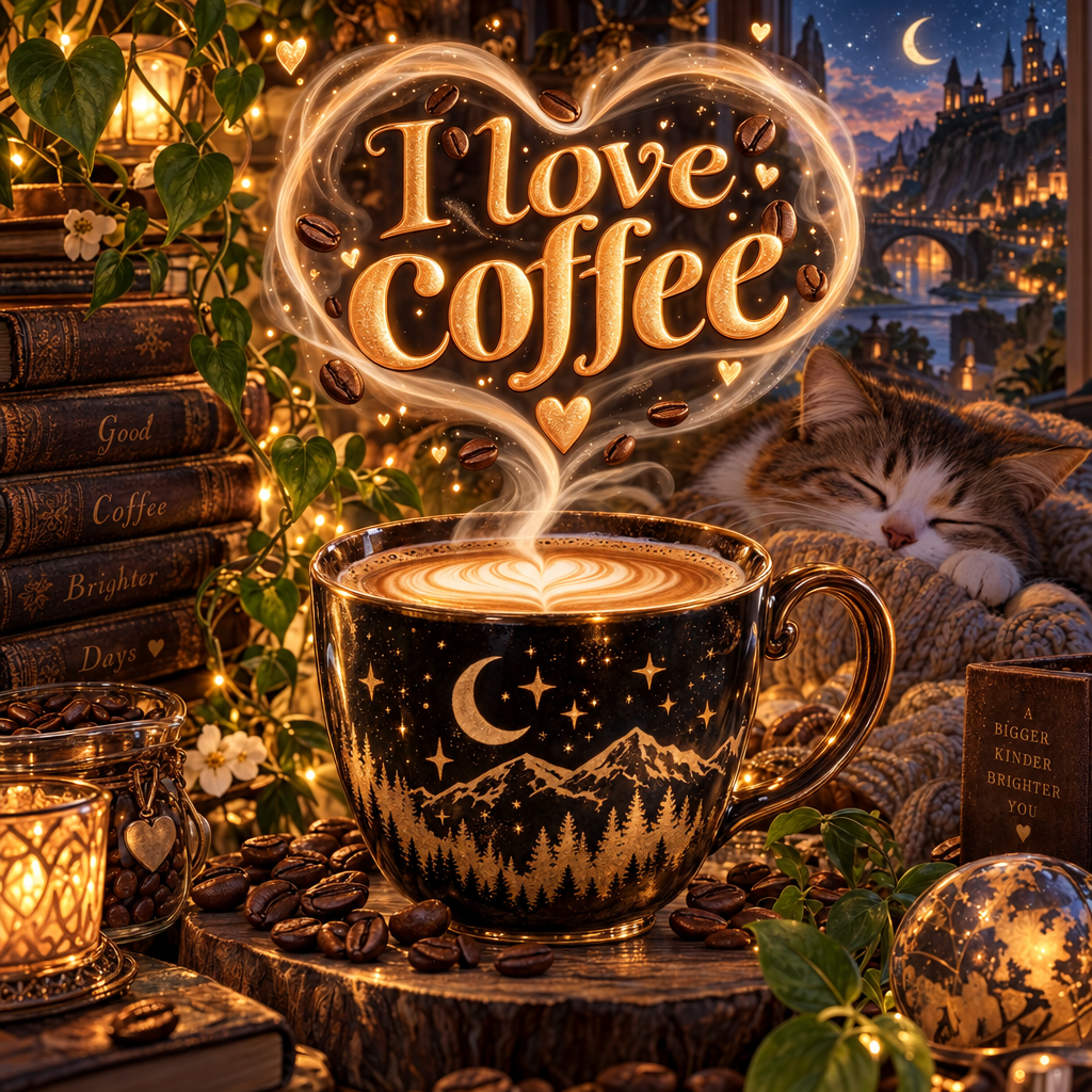 Cozy coffee-themed profile avatar with a sleeping cat, steaming starry mug, and glowing “I Love Coffee” lettering.