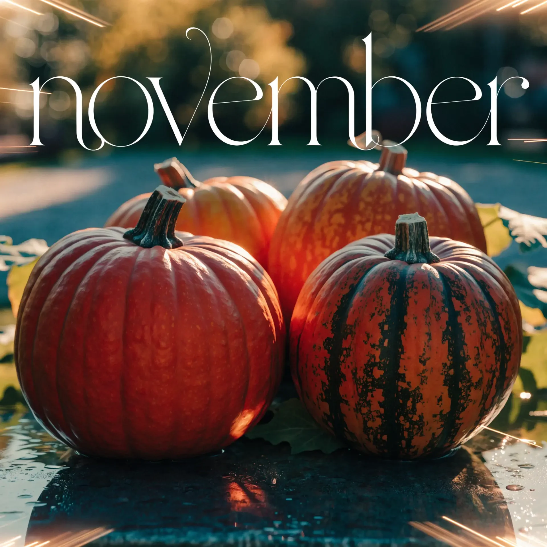 November pumpkin avatar featuring glowing autumn pumpkins and elegant seasonal lettering.