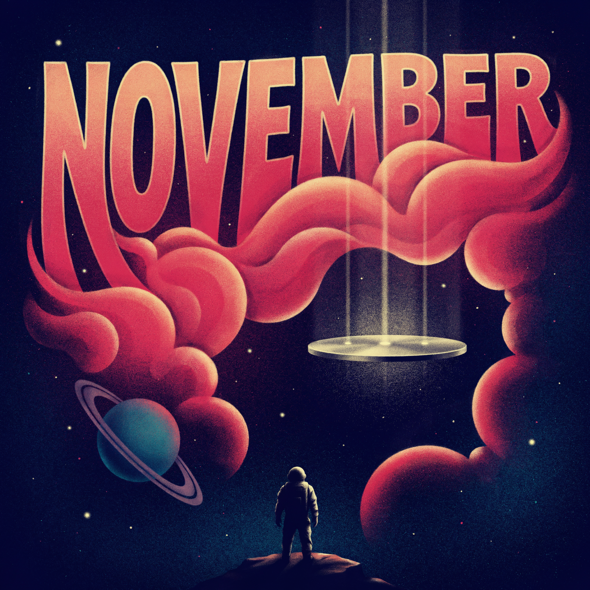 November space-themed profile avatar with an astronaut standing beneath bold lettering, swirling pink clouds, and a ringed planet.