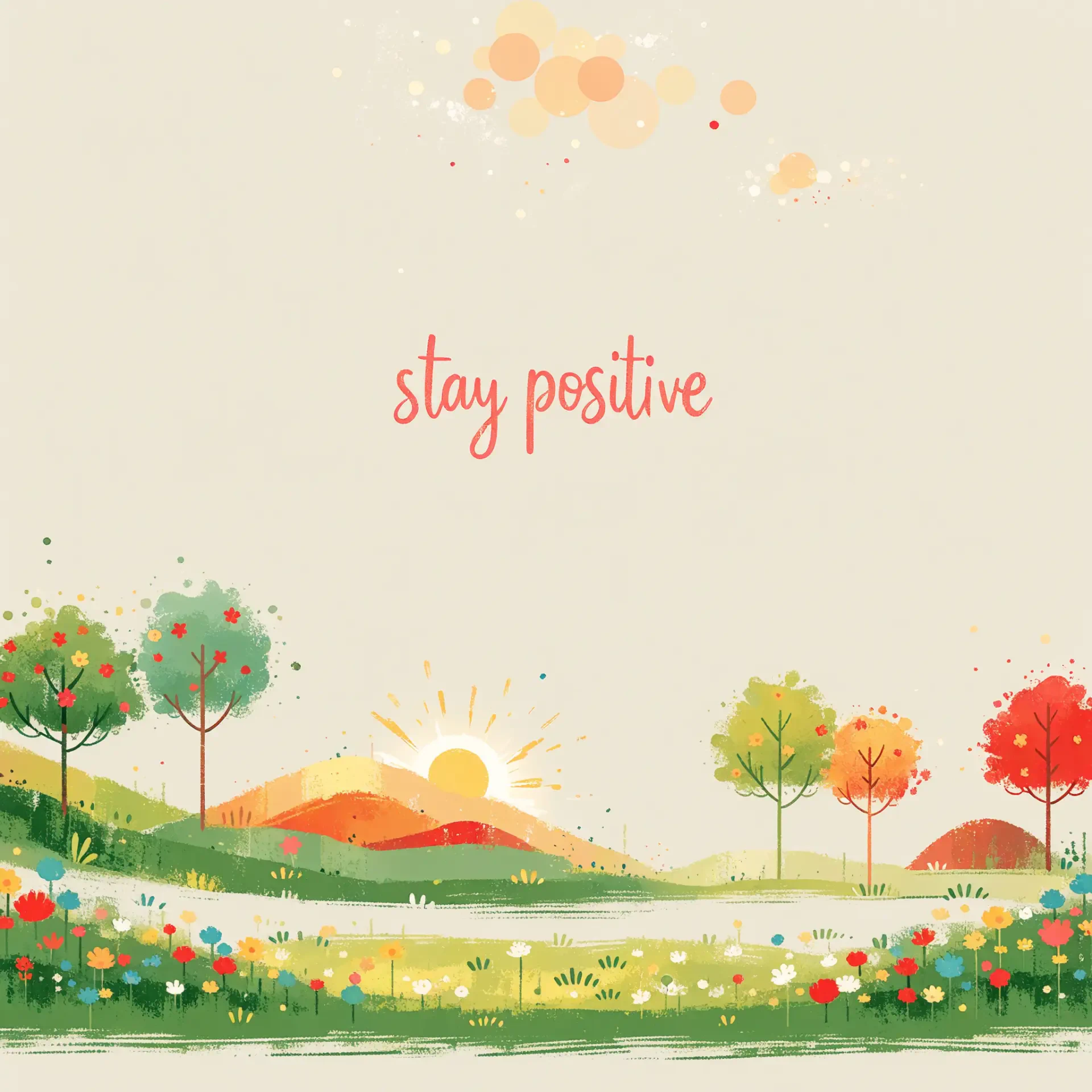 Stay positive inspirational quote over a colorful spring landscape illustration, designed as a cheerful forum profile avatar.