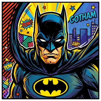 Vibrant pop-art Batman portrait with emblem, Gotham skyline, and comic action bursts — stylized forum avatar/profile picture.