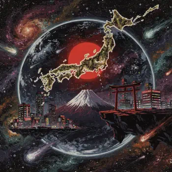 Forum avatar/pfp of Japan: cosmic collage with a glowing map over a red sun, Mount Fuji, a torii on a cliff, neon city skyline and swirling galaxies inside a starry bubble.