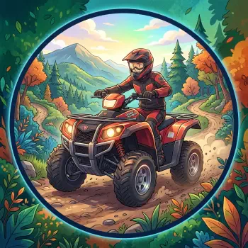 Circular forum avatar of a helmeted rider in red gear on a red ATV kicking up dust along a forest trail with mountains and a colorful sunset sky.