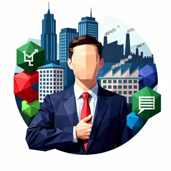 Forum avatar/pfp of a faceless suited businessman against a city and industrial skyline with corporate icons, symbolizing corporatism.