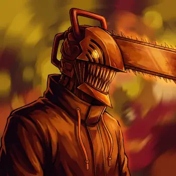 Chainsaw Man forum avatar: hooded, chainsaw-headed character with a toothed mask against a fiery orange bokeh background.