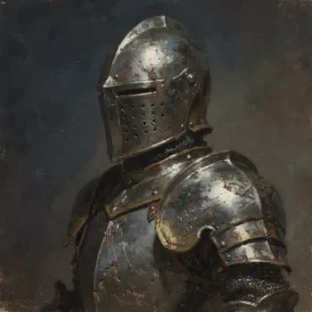 Forum avatar/pfp of a medieval knight in dented dark steel plate armor with a closed visor, shown in three-quarter profile against a moody, painterly background.