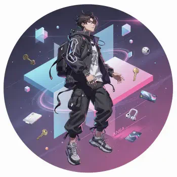 Forum avatar/pfp: stylized young person in a trendy streetwear outfit, floating over neon geometric shapes with scattered tech accessories (keys, earbuds, cards) in a circular frame.